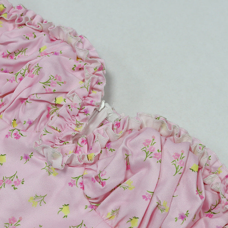 Strapless Side Split Corset Dress Beach Dress Summer Pink Floral Long Dress Women Sexy Off Shoulder Ruffles Party Dresses