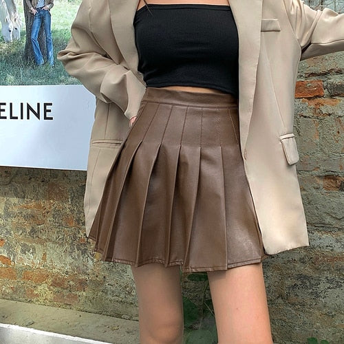 Y2KPleated Faux Leather Women's Mini Skirt High Waist Sexy Black Female Short Skirt New Autumn Fashion Ladies Bottoms