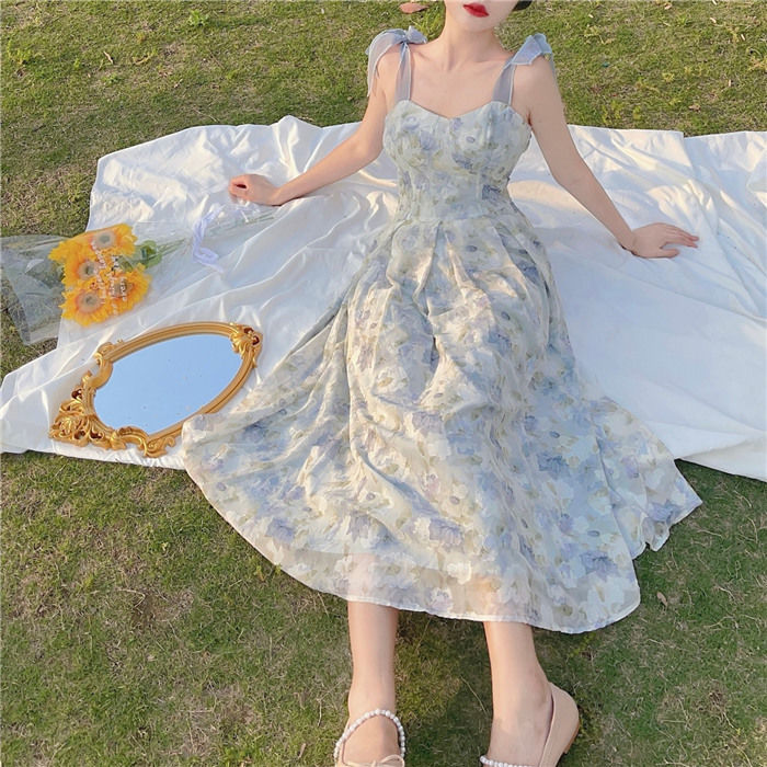 Elegant Long Flower Strap Dress Women Vintage Sweet Print Korean Slip Fairy Dress Casual Calssy Party Princess Dress Spring 2022