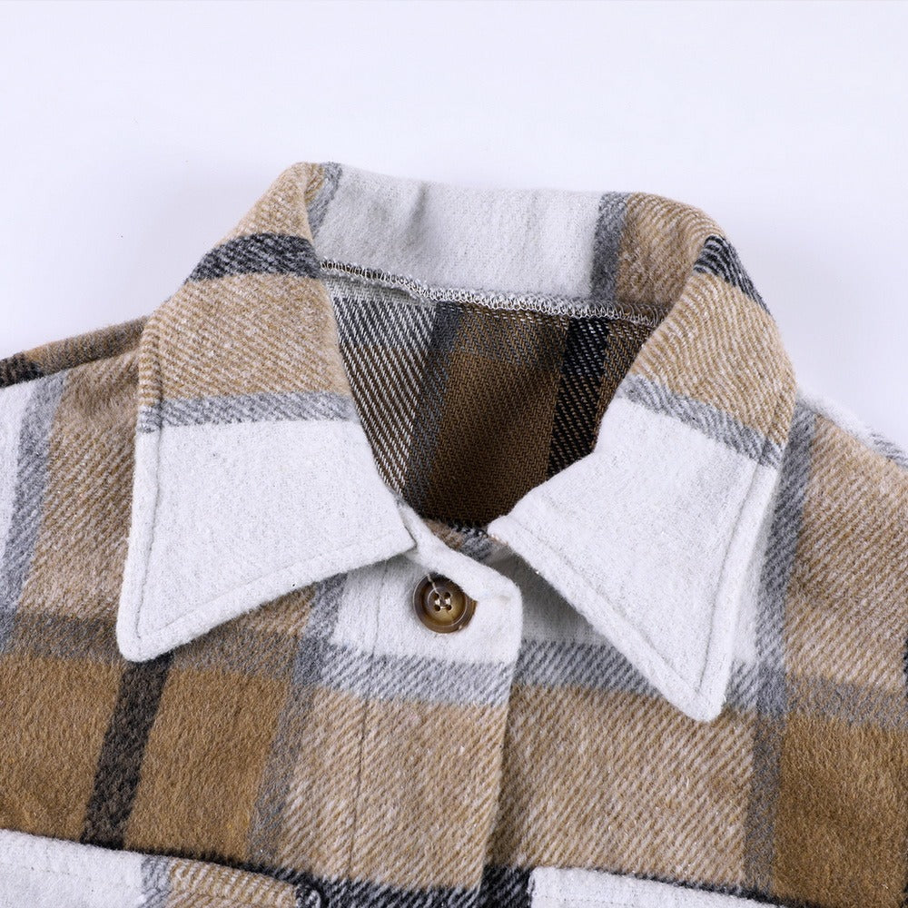 Women Vintage Warm Shirt Jacket Autumn Winter Plaid Long Shirt Jacekt Casual Loose Buttons Pockets Turn down Shirt Coat