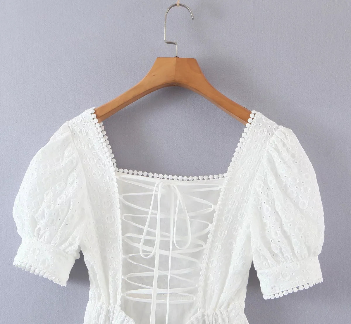 Elegant Embroidery Lace Dress Vintage White Summer Women Dresses Puff Sleeve Bandage Ladies Party Woman Dress Vestidos