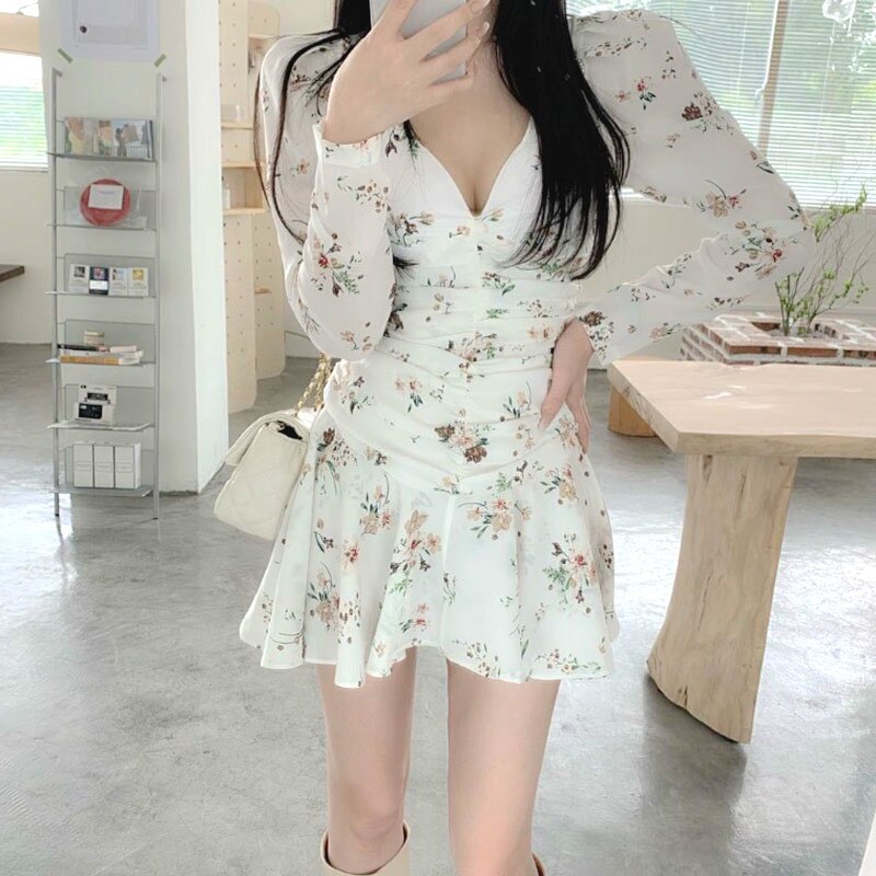 Elegant Floral Dress Women Autumn Sexy Party Mini Dress Female Casual Vintage One-Piece Dress Korean Fall  Women Clothing