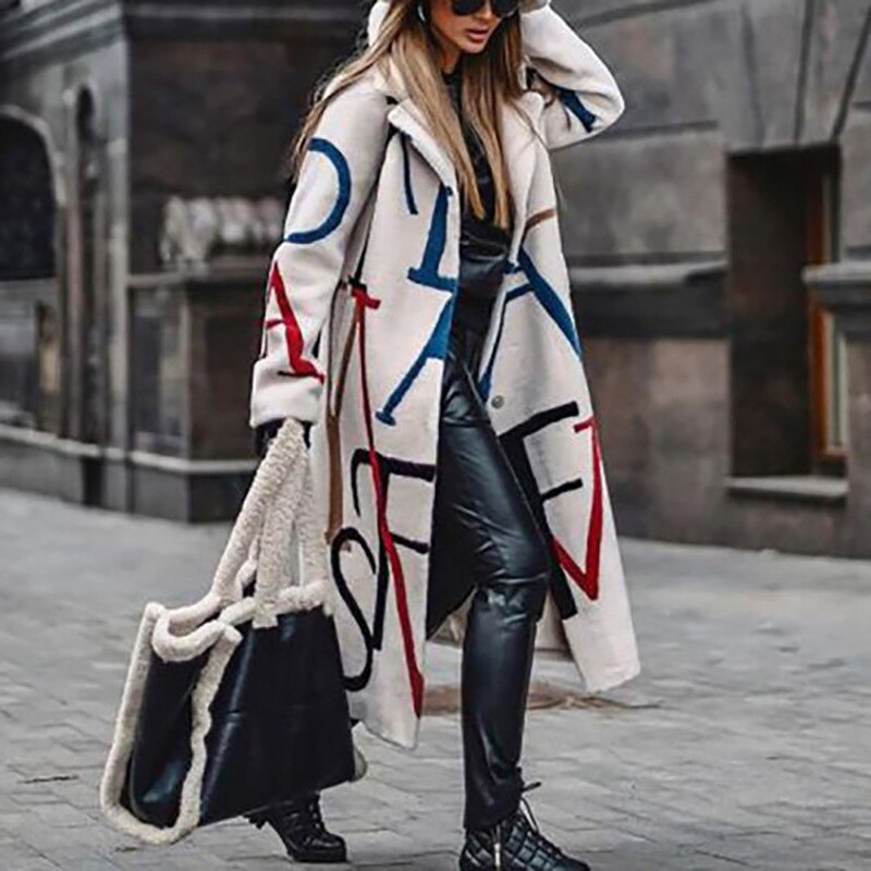Women Blend Wool Long Cardigan Tops Fashion Lady Print Lapel Overcoat Jacket Autumn Winter Casual Long Sleeve Loose Outwear Coat