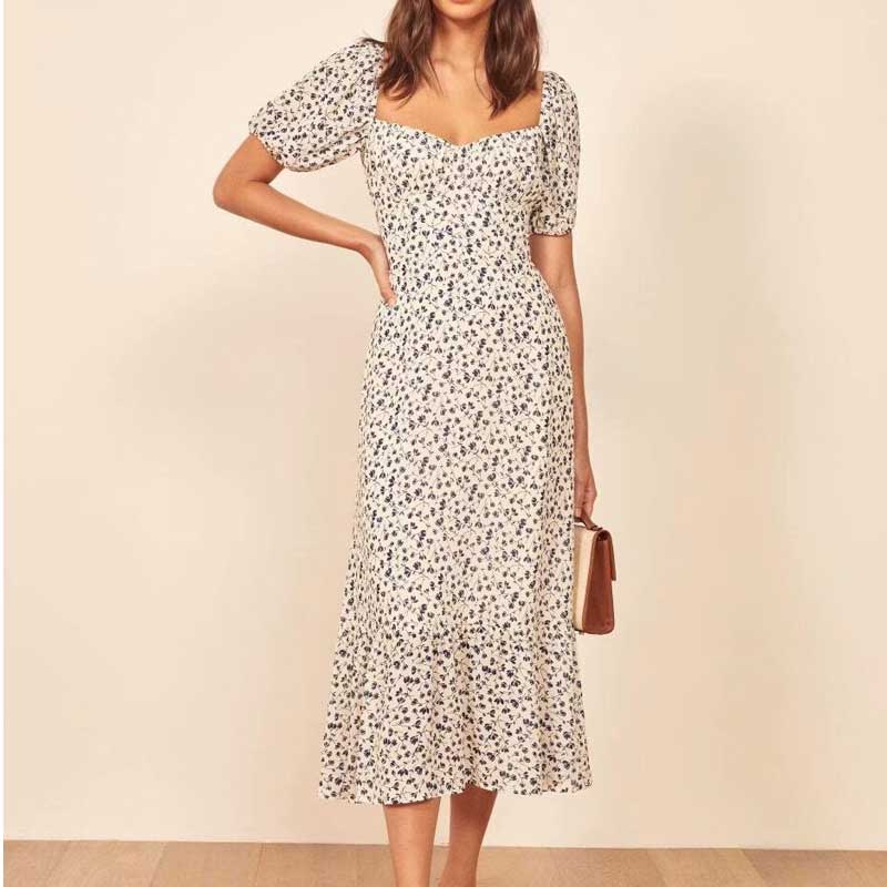 Lizakosht beige floral elegant women dress Square Collar High Waist summer dress Slim Fit Casual ladies dress chic dress