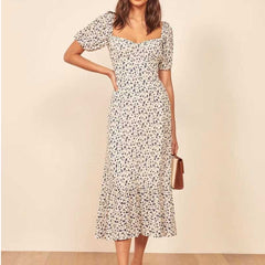 Lizakosht beige floral elegant women dress Square Collar High Waist summer dress Slim Fit Casual ladies dress chic dress