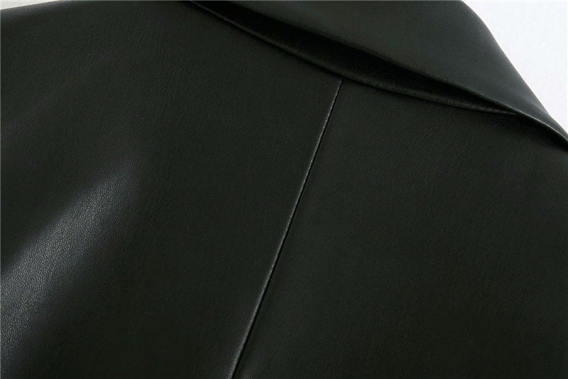 Lizakosht Women Fashion Faux Leather Loose Blazers Coat Vintage Long Sleeve Pockets Back Vents Female Outerwear Chic Tops