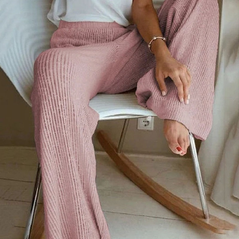 Lizakosht High Quality Warm Soft Cashmere legging Women Autumn Winter Ribbed Knitted Trousers Casual High Waist Wide Leg Pants