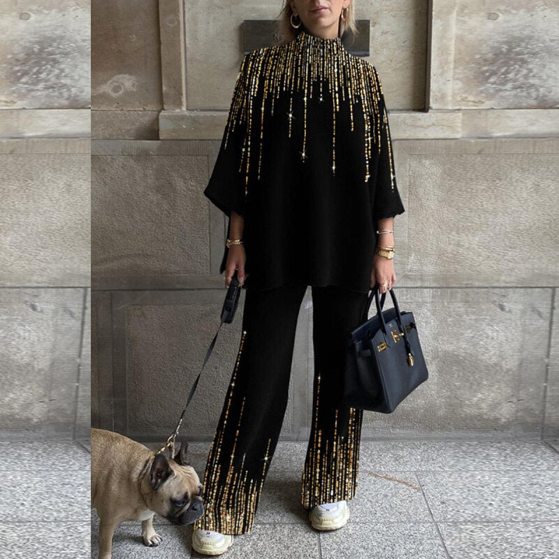 Fashion Turtleneck Hoodie And Wide Leg Pants Suit Elegant Pattern Print Tracksuits Outfit Women Long Sleeve Loose Two Piece Sets