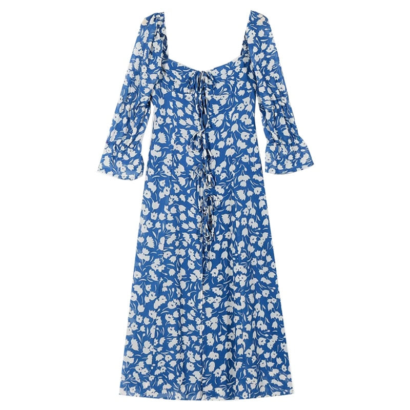 Lizakosht ruffled women dress blue floral 3/4 sleeve front ties long boho dress Square neck ladies dress summer dress