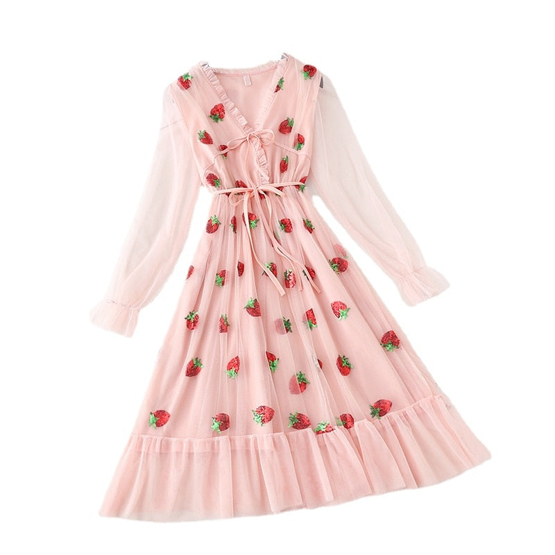 Sweet Elegant Strawberry Dress Women Summer 2022 Pink Beach Boho Party Midi Dress Ruffle Kawaii Korean Casual Vacation Clothing