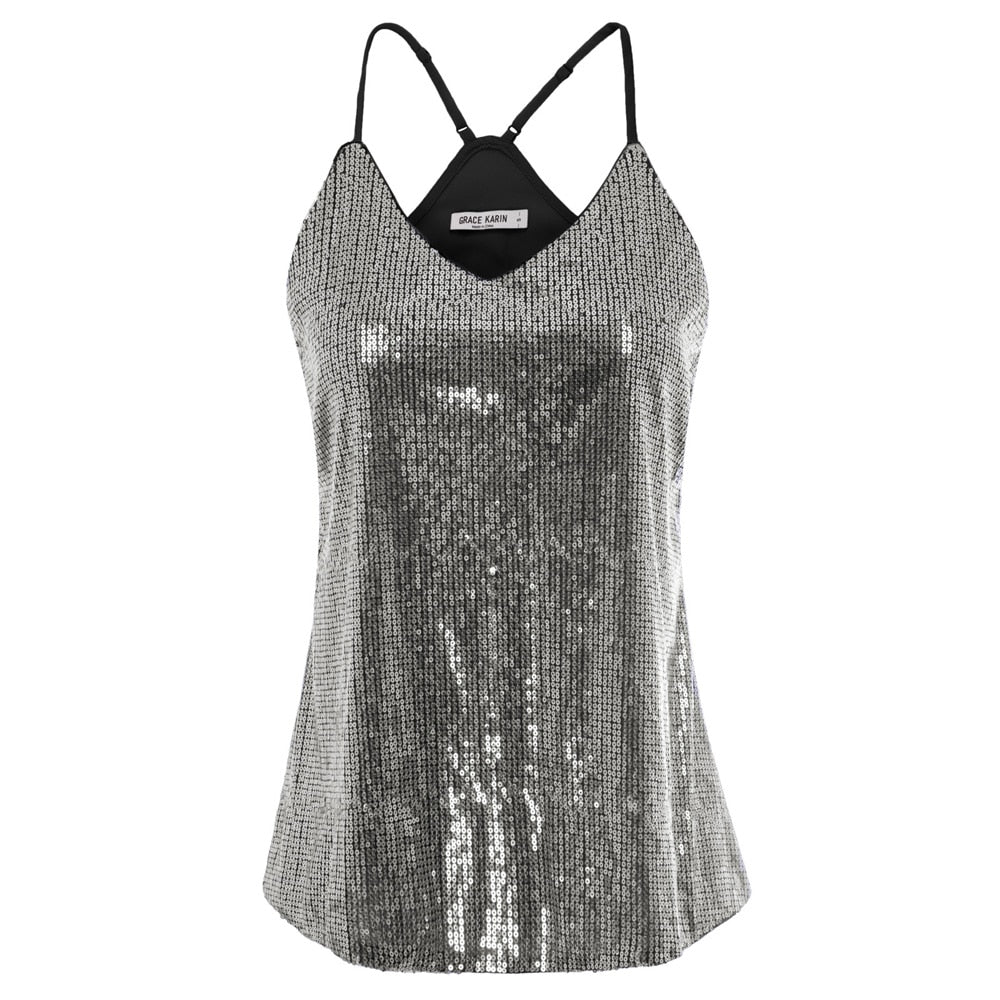 Grace Karin Women\\\'s Sequin Sexy V-Neck Top Spaghetti Strap Summer Cocktail Party Sequined Camisole Tank