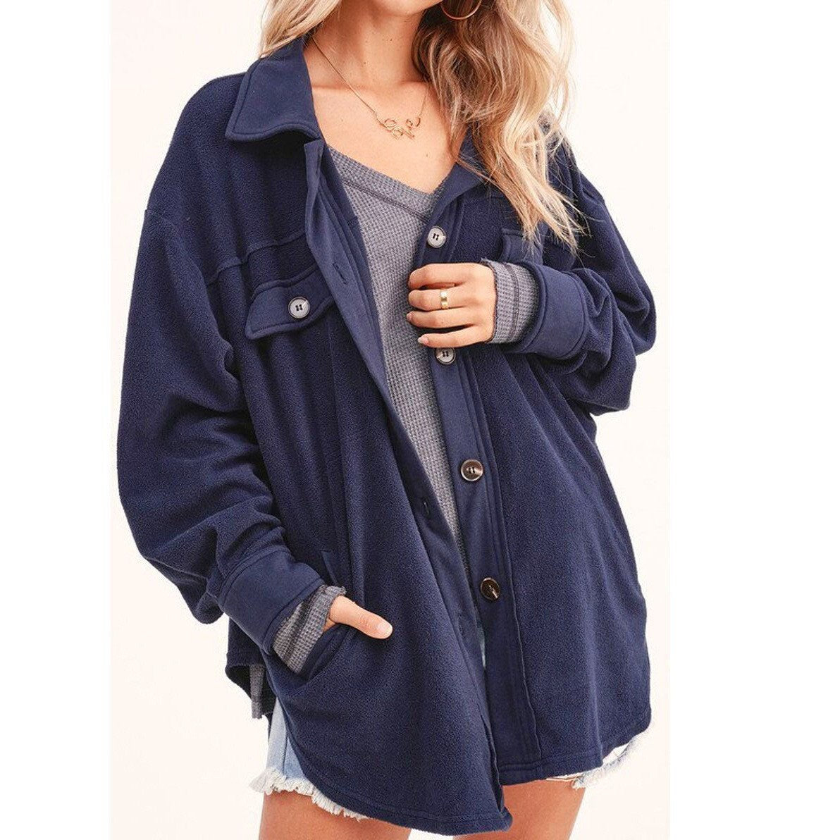Solid Casual Loose Vintage Coats Autumn Winter Fashion Button Lapel Tops Cardigan Women Single-Breasted Shirt Jackets Streetwear