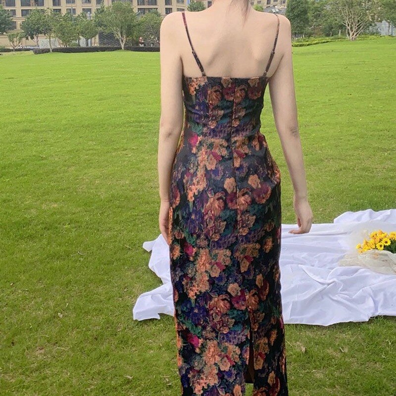 Bella Philosophy 2022 Summer Floral Print Strap Dress French Vintage Designer Chic Slim Dress Sexy Party Night Club Lady Dress