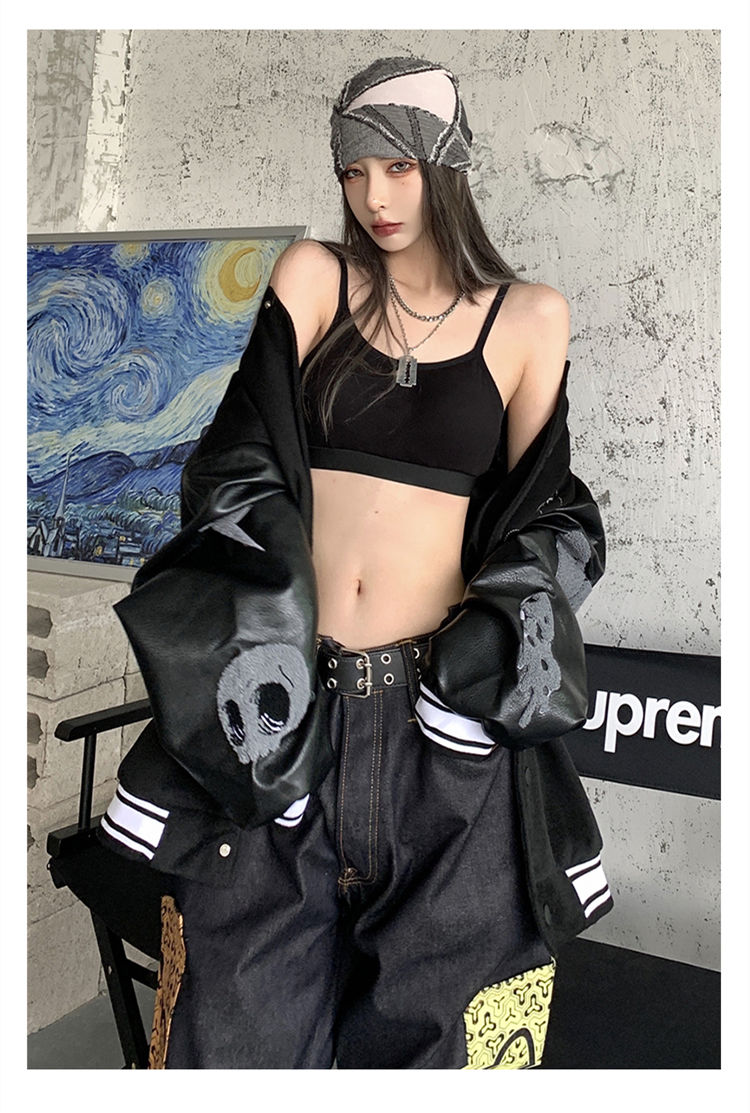 Splicing leather Bomber Jackets Women Coat Couple Baseball Jacket Autumn Unisex Boyfriend Style Varsity Hiphop Streetwear