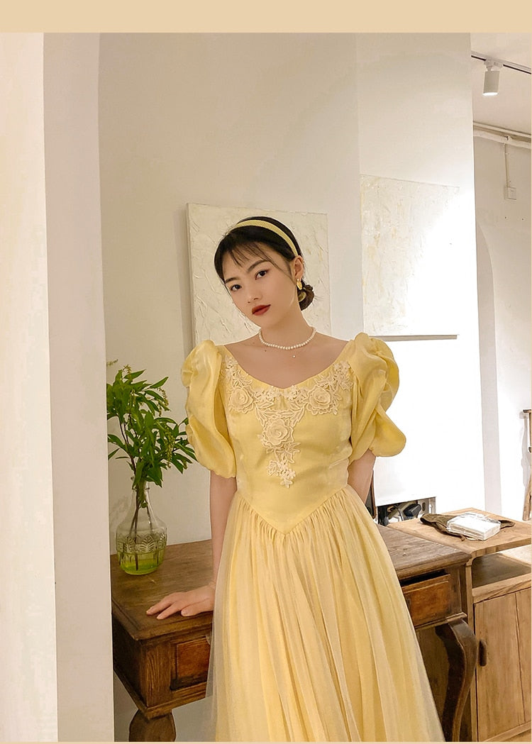 Lizakosht  Vintage Elegant Appliques Bell Yellow A Line Princess Dress Puff Sleeve Fitness Casual Midi Long Dress Vestidos Chic