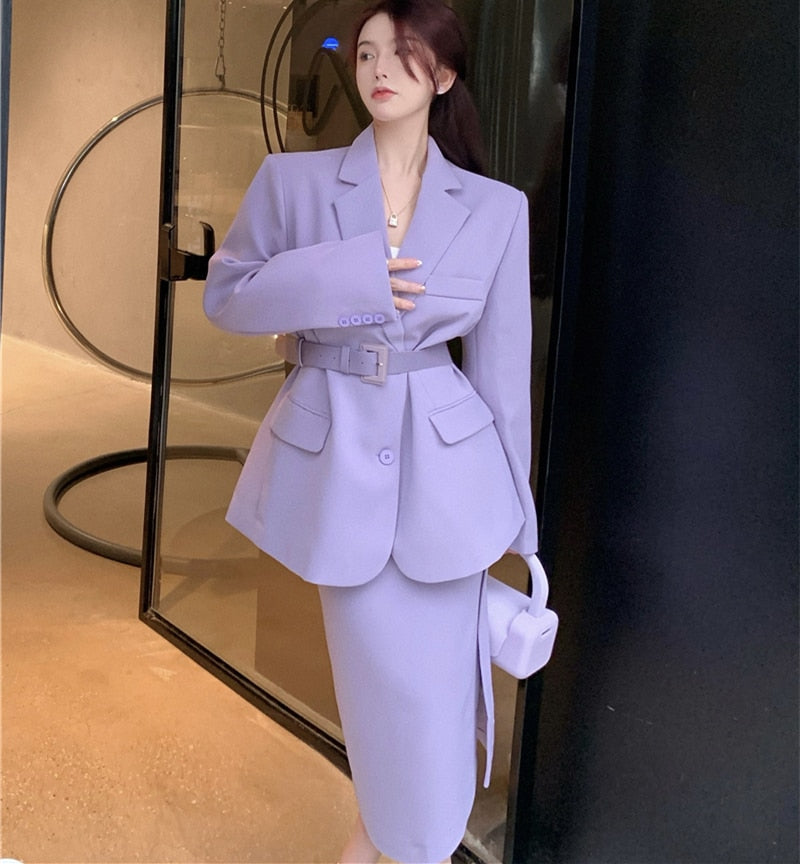 Quality Office Ladies' Suits With Skirt Two-Piece Setup Autumn Women Purple With Belt Blazer Chic High-Waist Split Skirt Outfit