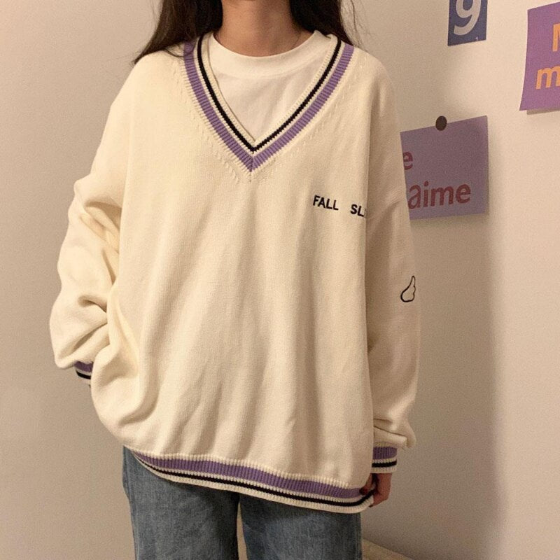 Sweaters Women Ulzzang Letter Chic Vintage V-neck Daily Oversize Girls Pullovers Student Fall Casual All-match Ins Women Sweater