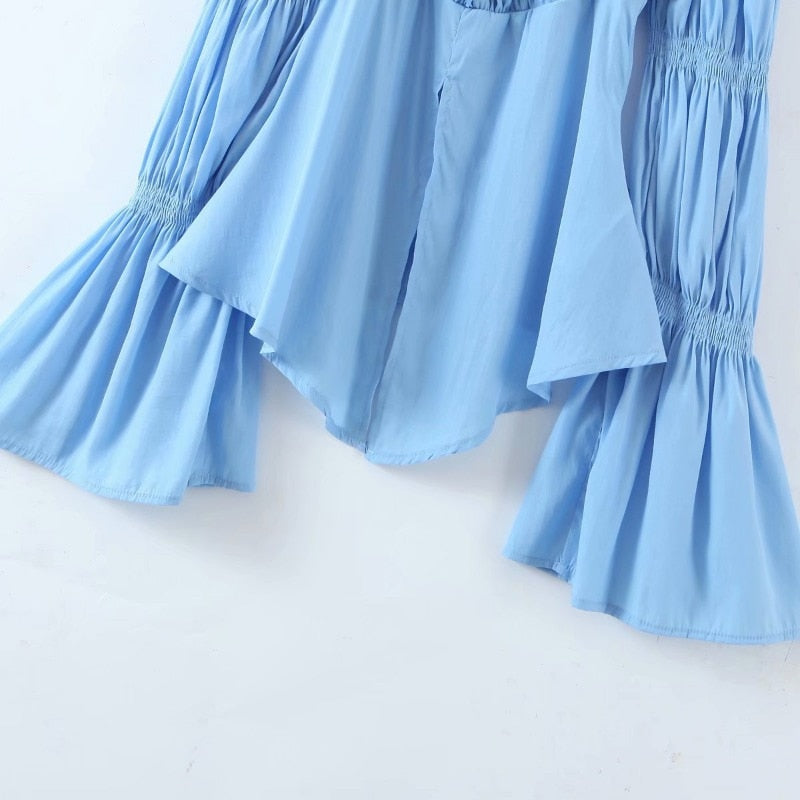Lizakosht Trumpet sleeve elegant fashion design shirt women summer hedging long sleeve square collar slim blouse