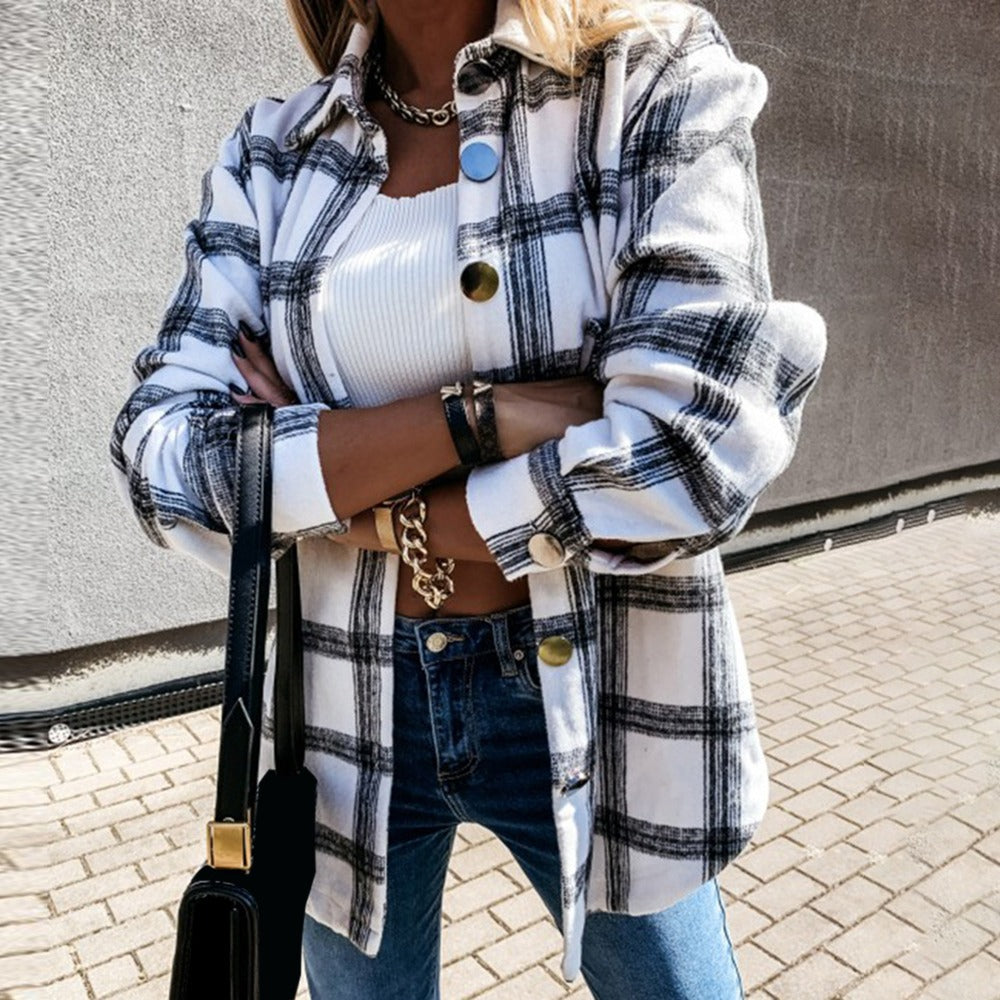 Women Vintage Warm Shirt Jacket Autumn Winter Plaid Long Shirt Jacekt Casual Loose Buttons Pockets Turn down Shirt Coat