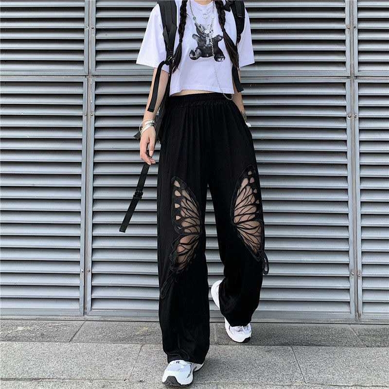 Lizakosht Black Butterfly Pants Fashion Girl Harajuku Japan Pants Cute Casual Funny Straight Summer Kawaii Thin Black High Street Pants