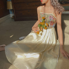 Vintage Floral Print Strap Dress Women Designer Elegant Sweet Lace-up Chiffon Fairy Midi Dress Holiday Beach Summer Dress