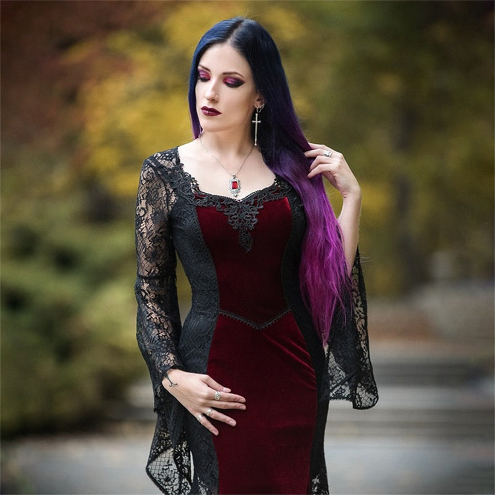 Gothic Dark Mesh Midi Dress Women Victorian Costume Velvet Robe Renaissance Witch Medieval Dresses Cosplay Wizard Halloween Y2k