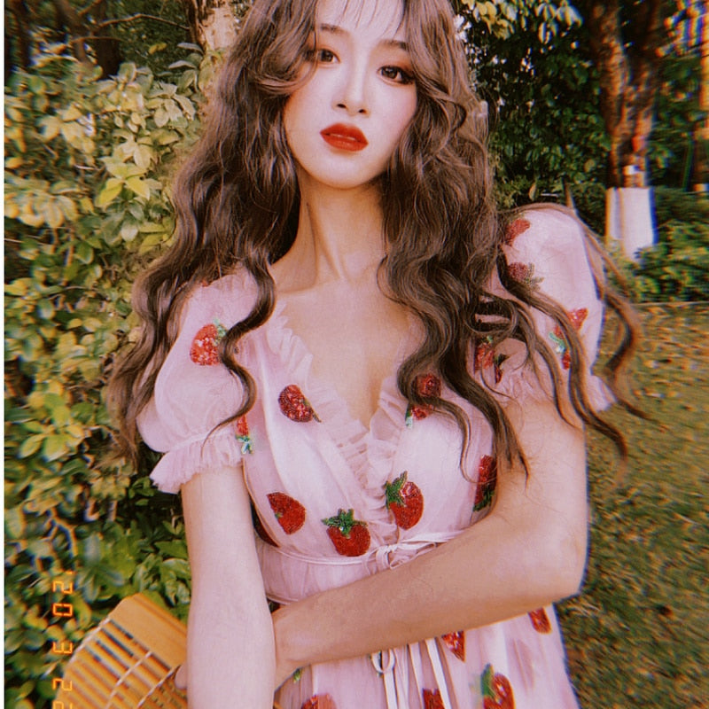 Sweet Elegant Strawberry Dress Women Summer 2022 Pink Beach Boho Party Midi Dress Ruffle Kawaii Korean Casual Vacation Clothing