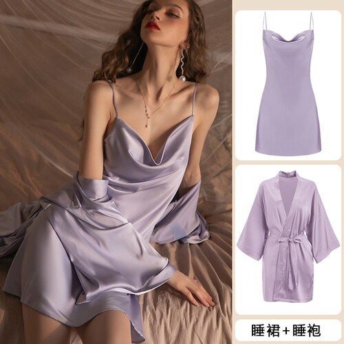 Lizakosht Luxury Sexy Women Silk Kimono Bathrobe Purple Bride Bridesmaid Wedding Robe Set Lace Sleepwear Casual Home Clothes Nightwear