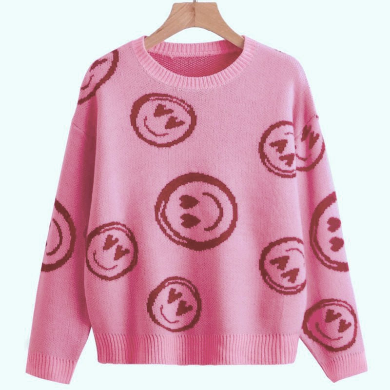 Autumn winter Pink smiley face sweater women's knitted round neck  tops female Korean loose oversized short bottoming sweaters