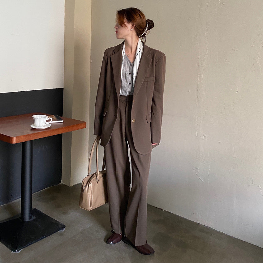 New Fashion Vintage Blazer Pants Suit OL Elegant Business Wear Blazers + High Waist Wide Leg Pants Suits 2 Piece Set