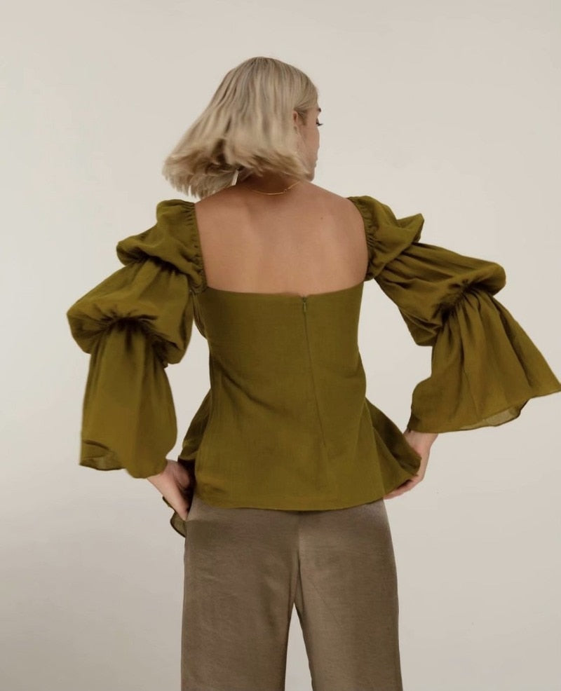 Lizakosht Trumpet sleeve elegant fashion design shirt women summer hedging long sleeve square collar slim blouse