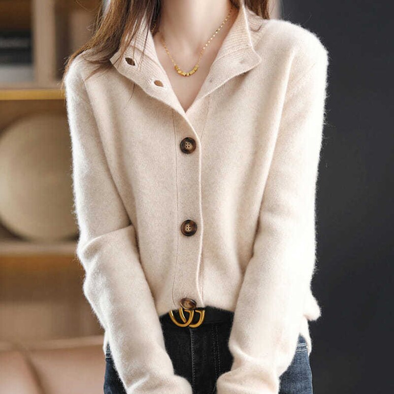 Lizakosht Sister Fara Spring Autumn V-Neck Knit Cardigan Sweater Women Single Breasted Sweaters Ladies Open Stitch Sweater Coat