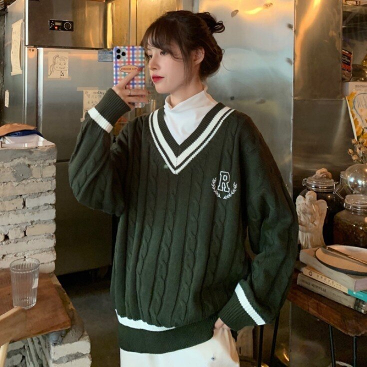 Bella 2022 Women Harajuku V-neck Japanese Sweater Female Preppy Style Long Sleeve Knitted Pullovers Autumn Warm loose Jumpers