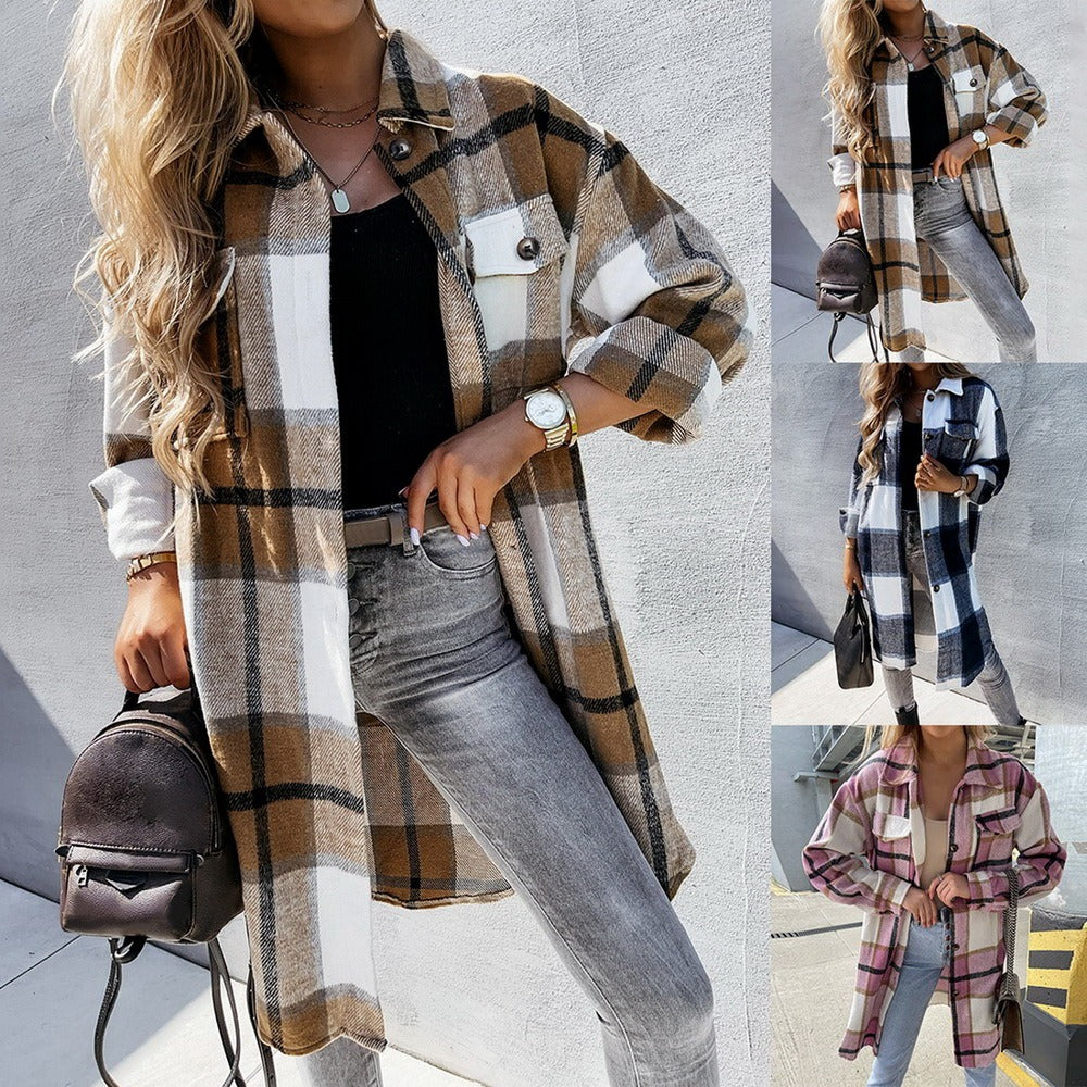 Women Vintage Warm Shirt Jacket Autumn Winter Plaid Long Shirt Jacekt Casual Loose Buttons Pockets Turn down Shirt Coat