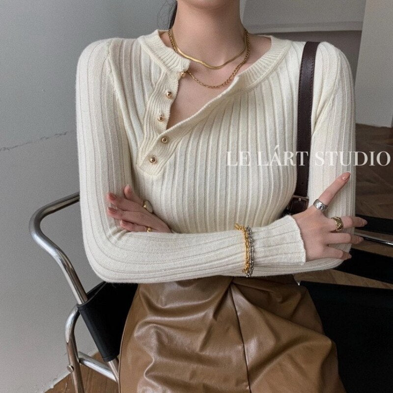 Autumn Elegant Women's Diagonal-Breasted Pullover Sweater Slim Long-Sleeved Knitted Top Ladies Bottoming Shirt