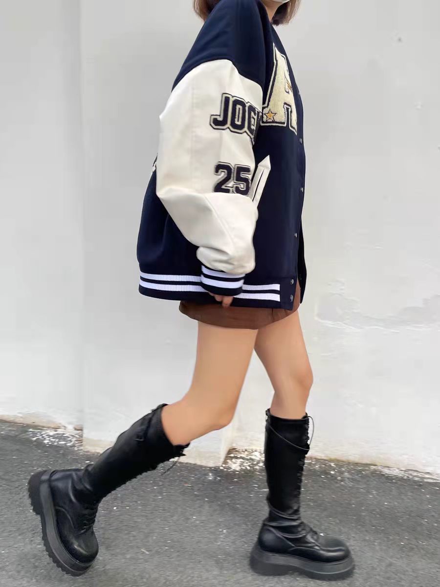 American retro letter embroidery flocking Y2K street hip-hop baseball uniform jacket female new college style couple outfit