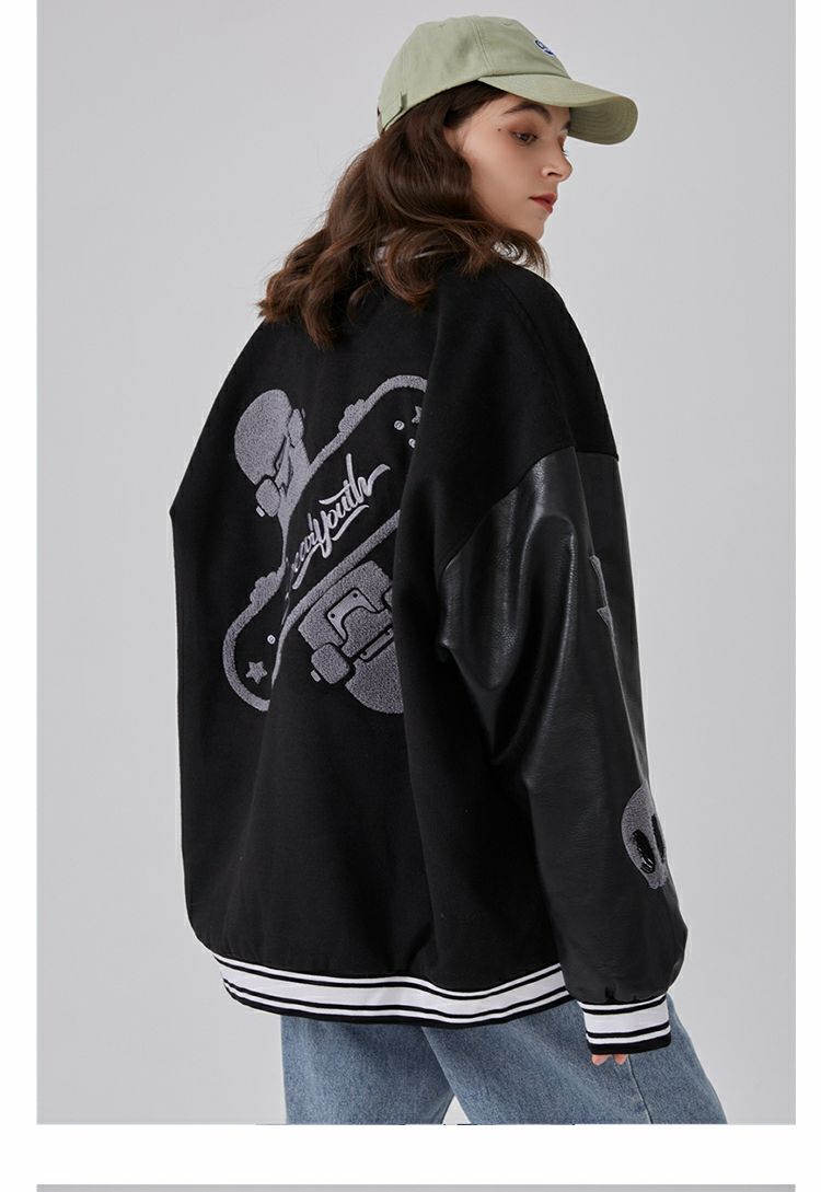 Splicing leather Bomber Jackets Women Coat Couple Baseball Jacket Autumn Unisex Boyfriend Style Varsity Hiphop Streetwear