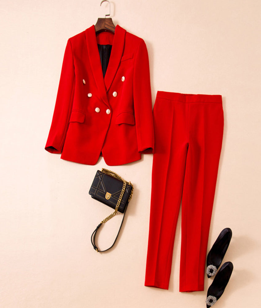 Office Ladies women's pantsuit Red Pink Business Classic Double-breasted Buttons Nine Blazer Pants Set Two Piece Formal Suits