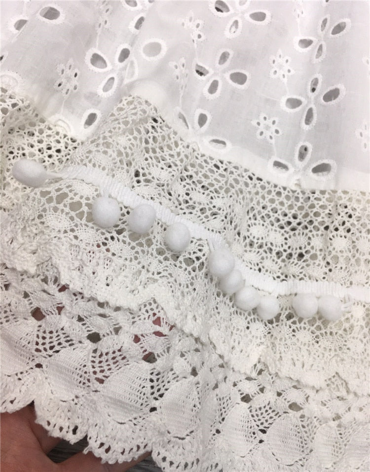 Lizakosht white eyelet skirts for women elastic waist tassel tied pom pom trims summer skirt long bohemian skirts womens