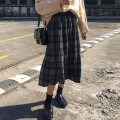 Vintage Plaid Pleated Long Skirts Winter Women Punk Rock Korean Woolen Skirt Streetwear Drawstring Elastic Waist Midi Skirt