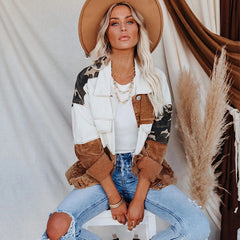 Jackets For Women  Denim Corduroy Camouflage Stitching Jacket Turn-dowm Lapel Vintage Cowgirl jackets coats chaqueta mujer