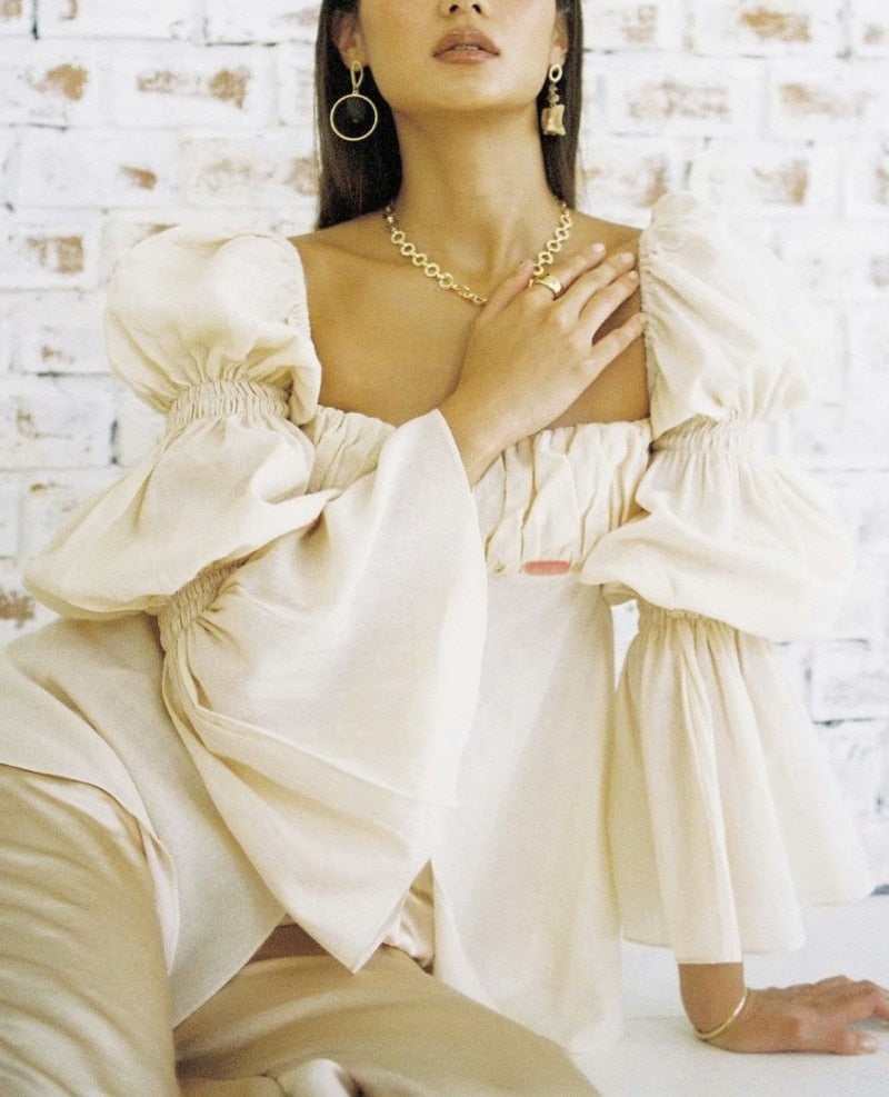 Lizakosht Trumpet sleeve elegant fashion design shirt women summer hedging long sleeve square collar slim blouse
