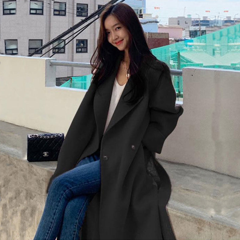 Lizakosht Autumn Winter Women Warm Korea Ins Jacket Double-Sided Cashmere Women's Long Loose Side Slit Wool Tweed Coat Elegant Overcoat