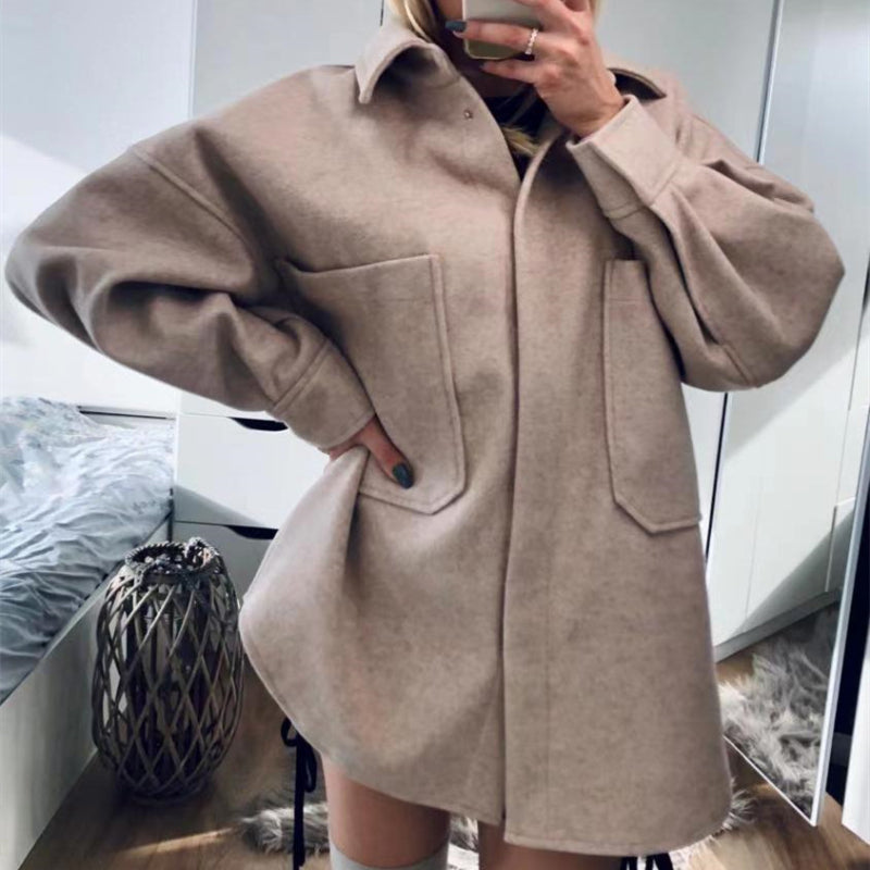 Lizakosht Casual Woman Camel Loose Pocket Woolen Shirt 2021 Fashion Ladies Autumn Long Sleeve Thick Blouse Coat Female Long Outwear
