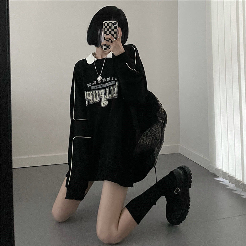 Vintage Oversized Hoodie Women Autumn Harajuku Preppy Style Patchwork Fake Two-piece Sweatshirt Casual Kpop Streetwear