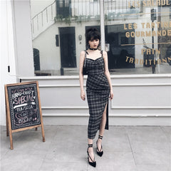 Lizakosht Punk Gothic Women Black Plaid Sexy Deep V-neck Dress Summer Elegant Fashion Dark Halter High Waist Split Dresses