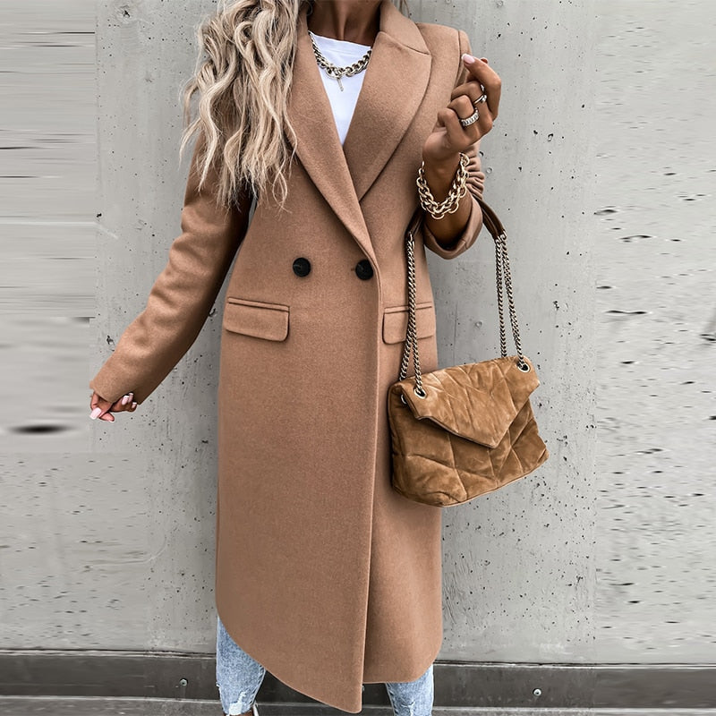 New Fashion Elegant Women Long Overcoat Autumn Winter Turn-Down Collar Woolen Coat Tops Office Lady Casual Loose Outwear