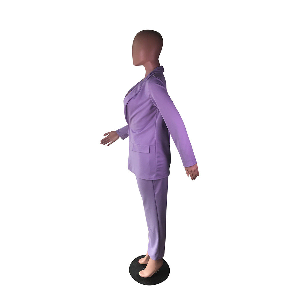 Classic Office Blazer Suit Two Piece Set 2021 Women Casual Commute Cropped Pants Suits Solid Color Mid Length Blazer with Pocket