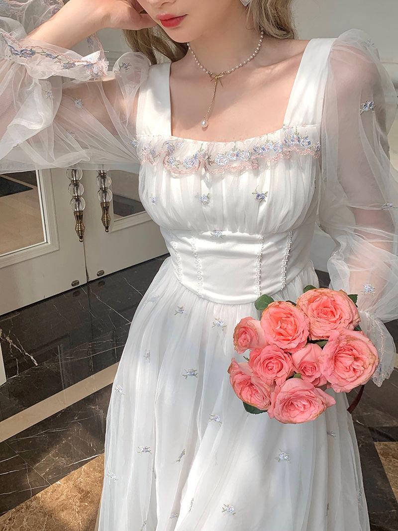 Autumn Spring White Mesh Fairy Dress Woman French Vintage Embroidery Floral Flare Sleeve Princess Prom Dresses Vestido Blanco
