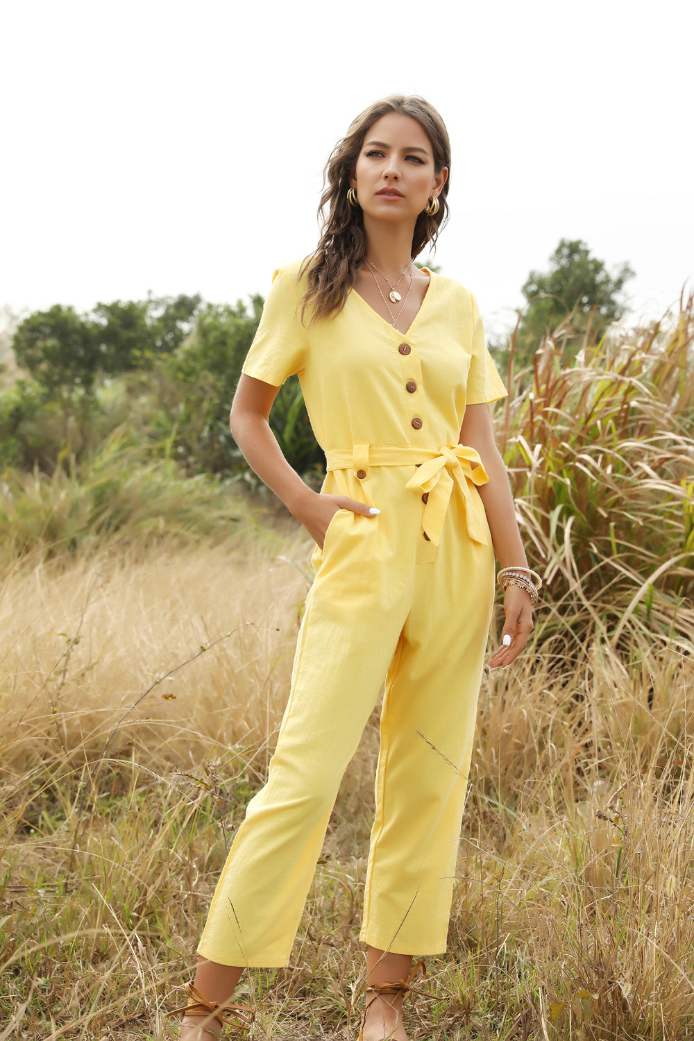 Summer Short Sleeve White Jumpsuit Women High Waist Lace Up Jumpsuit Romper Women Casual Overall Femme Wide Leg Pants